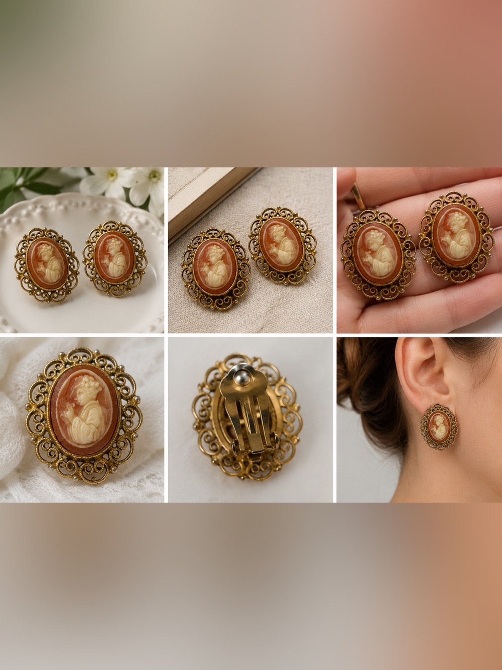 Vintage Cameo Filigree Clip-On Earrings Gold Tone Victorian Style